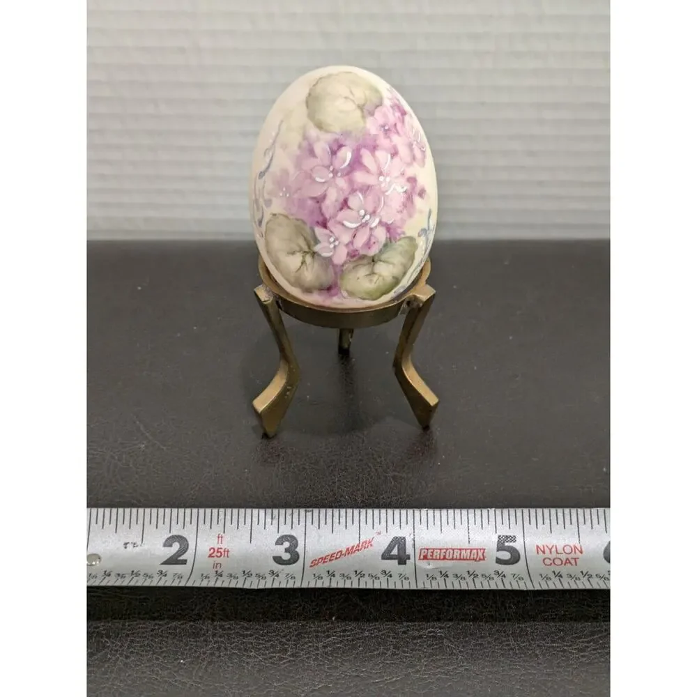 Vintage Hand Painted Decorative Floral Porcelain/Ceramic Egg w/‎ brass stand